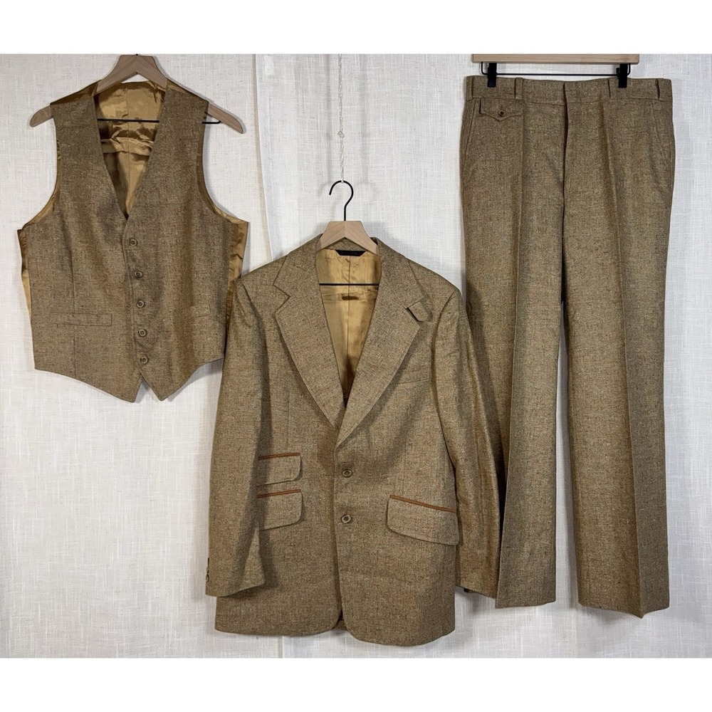 Vintage Jaymar Tan Tweed Suede Men's 3 Piece Suit 70s Blazer Trousers Vest 36x32